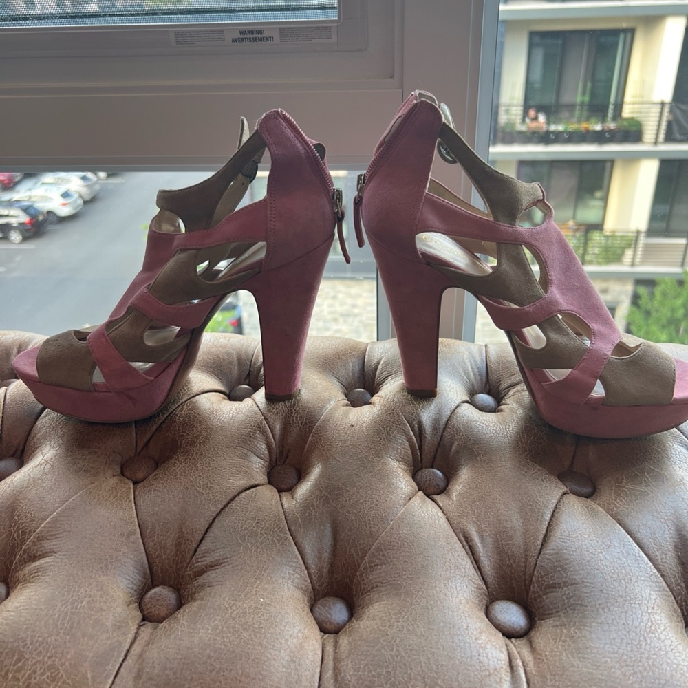 Enzo Angiolini Elegant Pink and Tan High Heel Platform Sandals